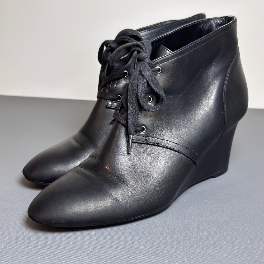 Lauren Ralph Lauren Tamia Black Leather Lace Up Wedge Ankle Boots Womens Size 8B